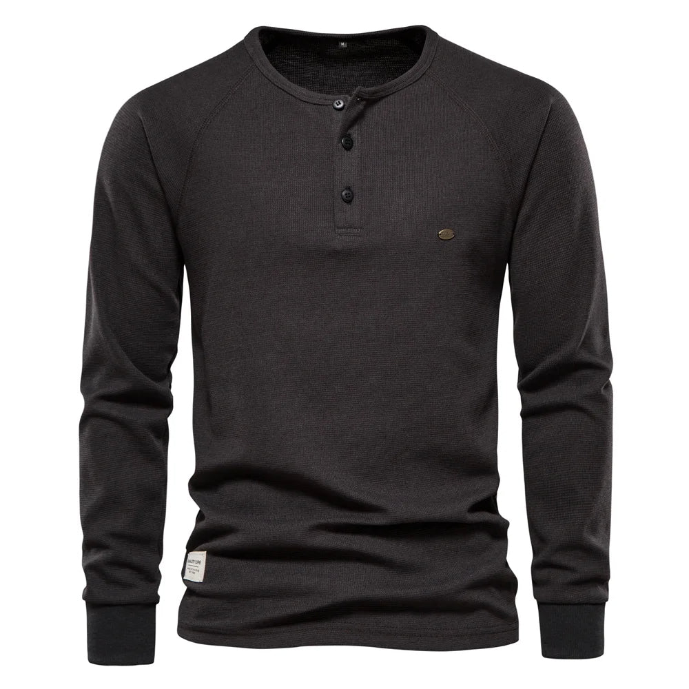 Waffle Henley Sweatshirt Men Long Sleeve Basic Breathable Men's Tops