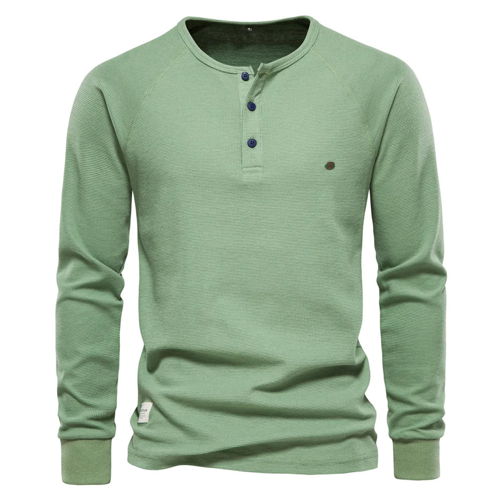 Waffle Henley Sweatshirt Men Long Sleeve Basic Breathable Men's Tops