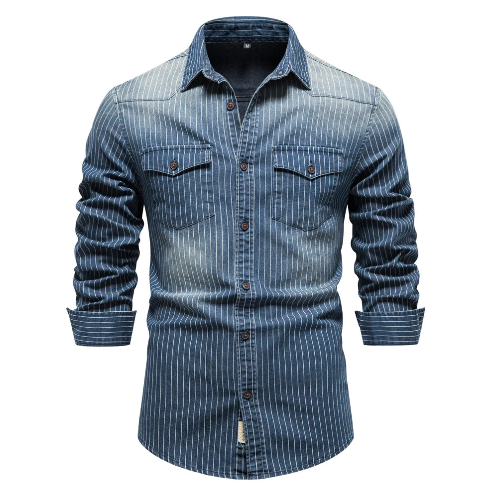 Cotton Men Denim Shirts Striped Stretch Long Sleeve