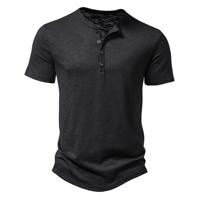 Henley Collar Summer Men Casual Solid Color Short Sleeve T Shirt