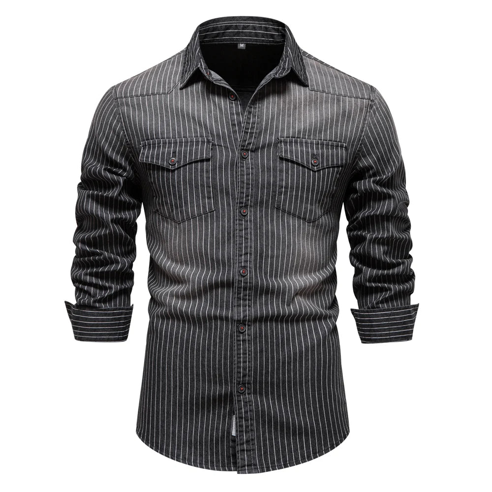 Cotton Men Denim Shirts Striped Stretch Long Sleeve