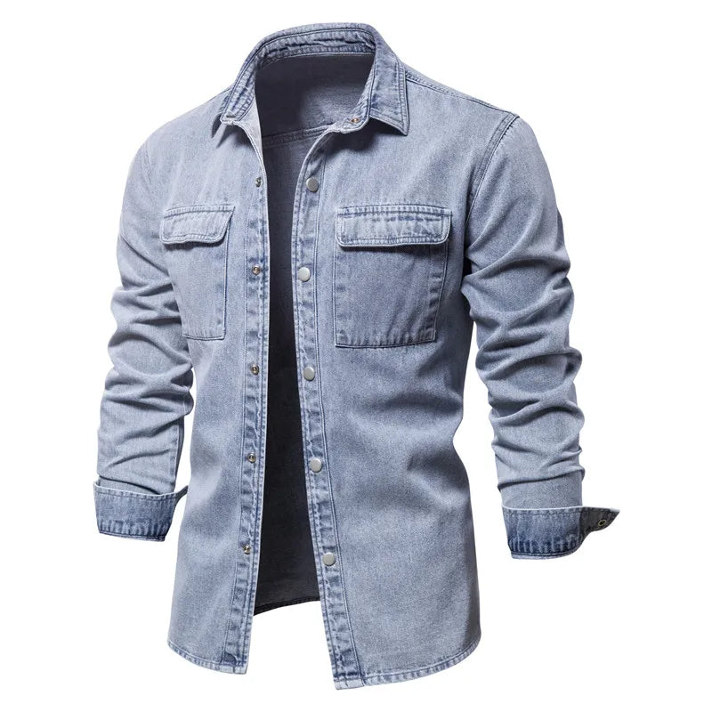 Cotton Denim Shirts Men Casual Solid Color Thick Long Sleeve