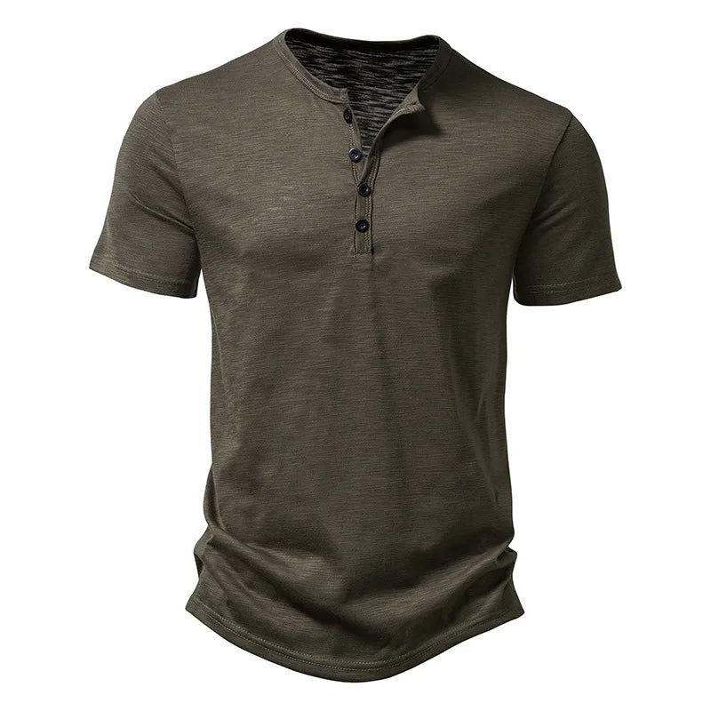 Henley Collar Summer Men Casual Solid Color Short Sleeve T Shirt