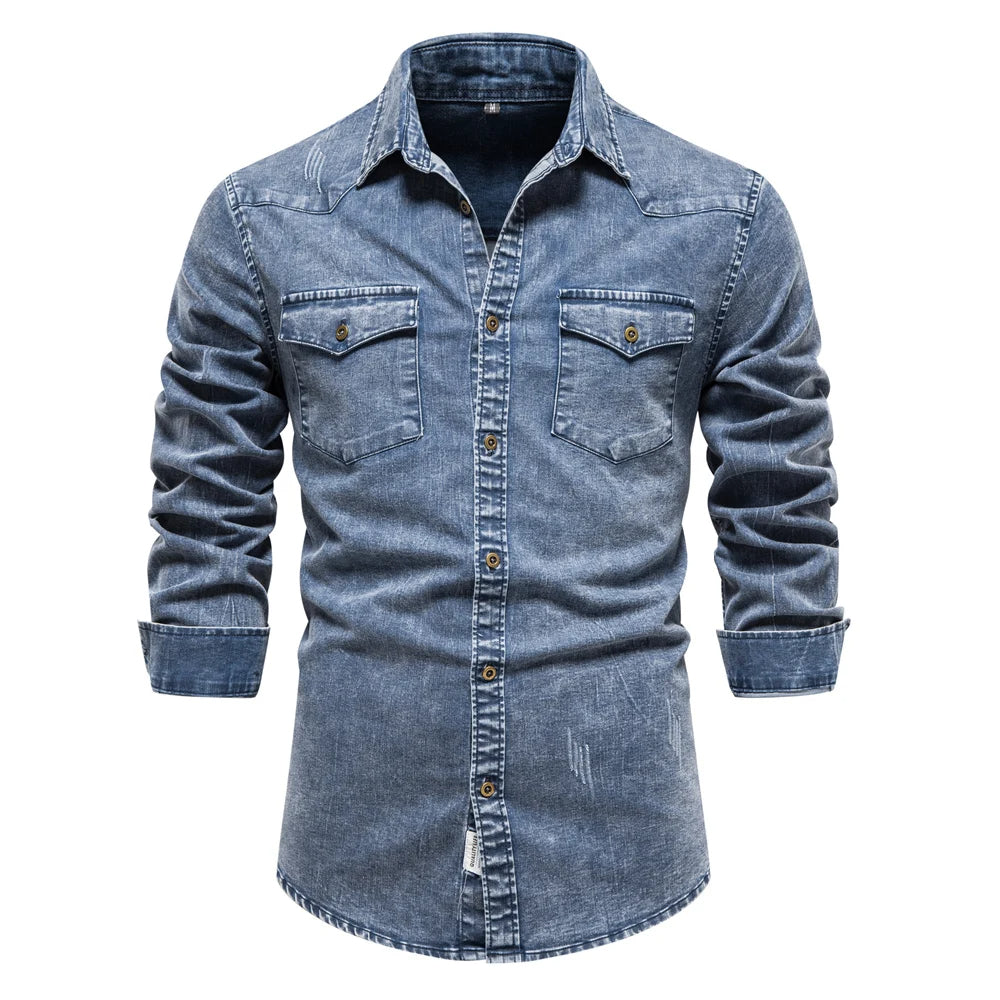 Cotton Men Denim Shirts Double Pocket