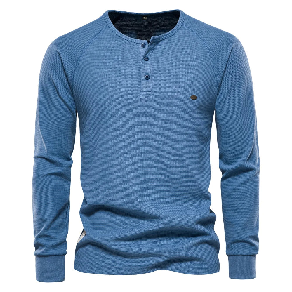 Waffle Henley Sweatshirt Men Long Sleeve Basic Breathable Men's Tops