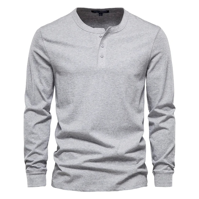 Henley Collar Autumn sweatshirt Men Casual Solid Color Long Sleeve