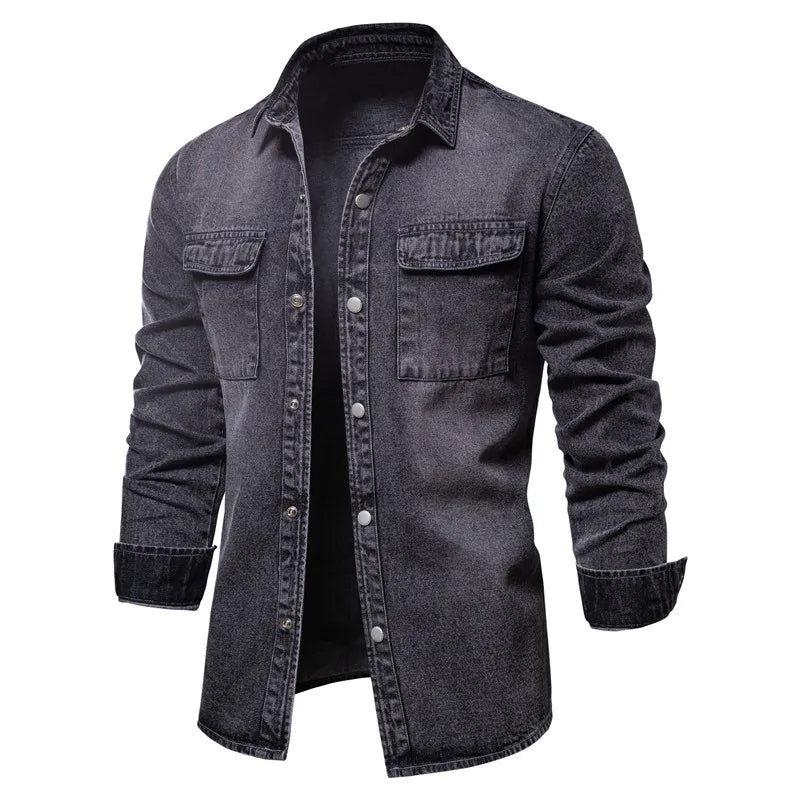 Cotton Denim Shirts Men Casual Solid Color Thick Long Sleeve