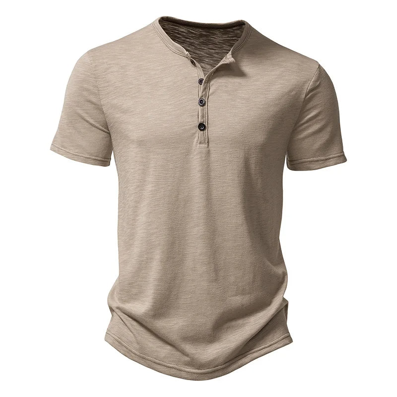 Henley Collar Summer Men Casual Solid Color Short Sleeve T Shirt