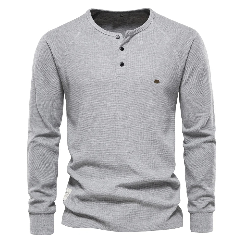 Waffle Henley Sweatshirt Men Long Sleeve Basic Breathable Men's Tops