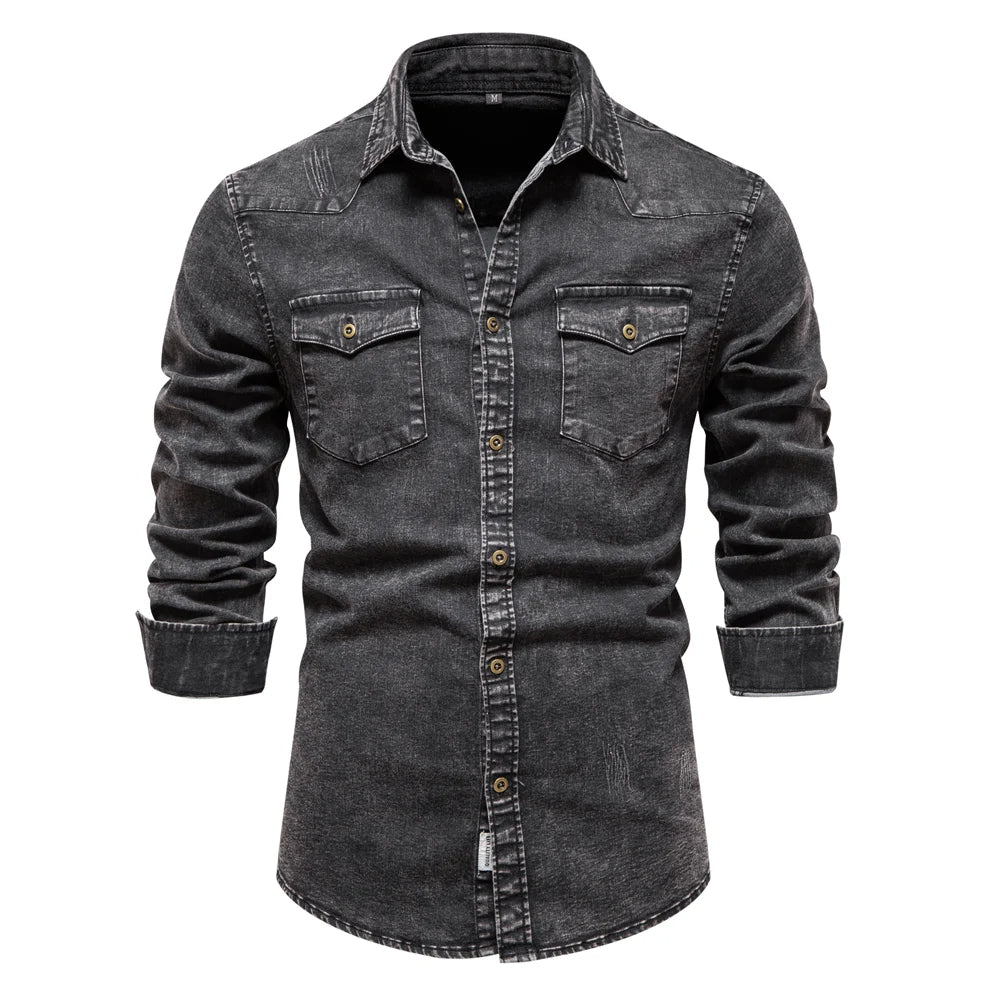 Cotton Men Denim Shirts Double Pocket