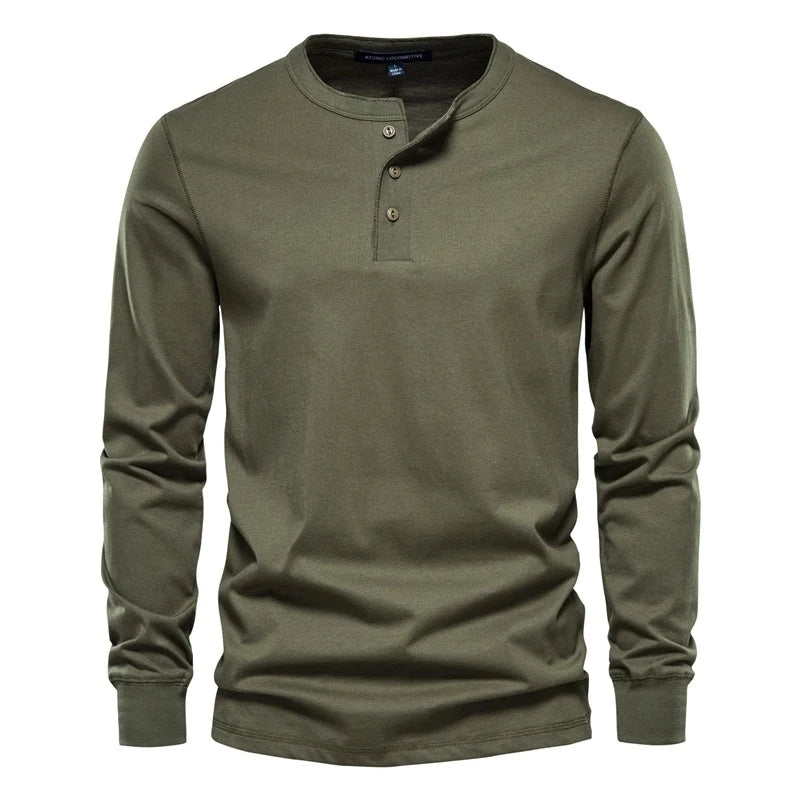 Henley Collar Autumn sweatshirt Men Casual Solid Color Long Sleeve