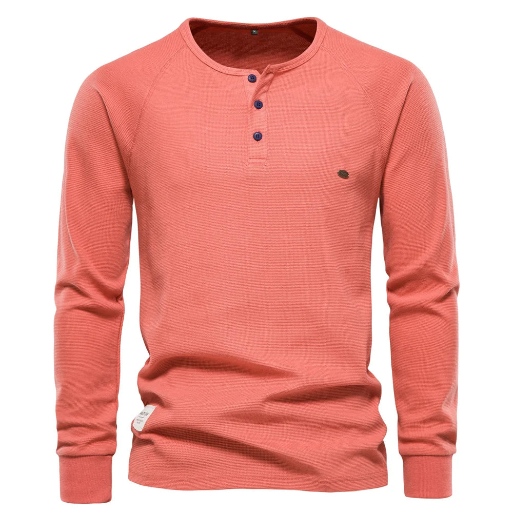 Waffle Henley Sweatshirt Men Long Sleeve Basic Breathable Men's Tops