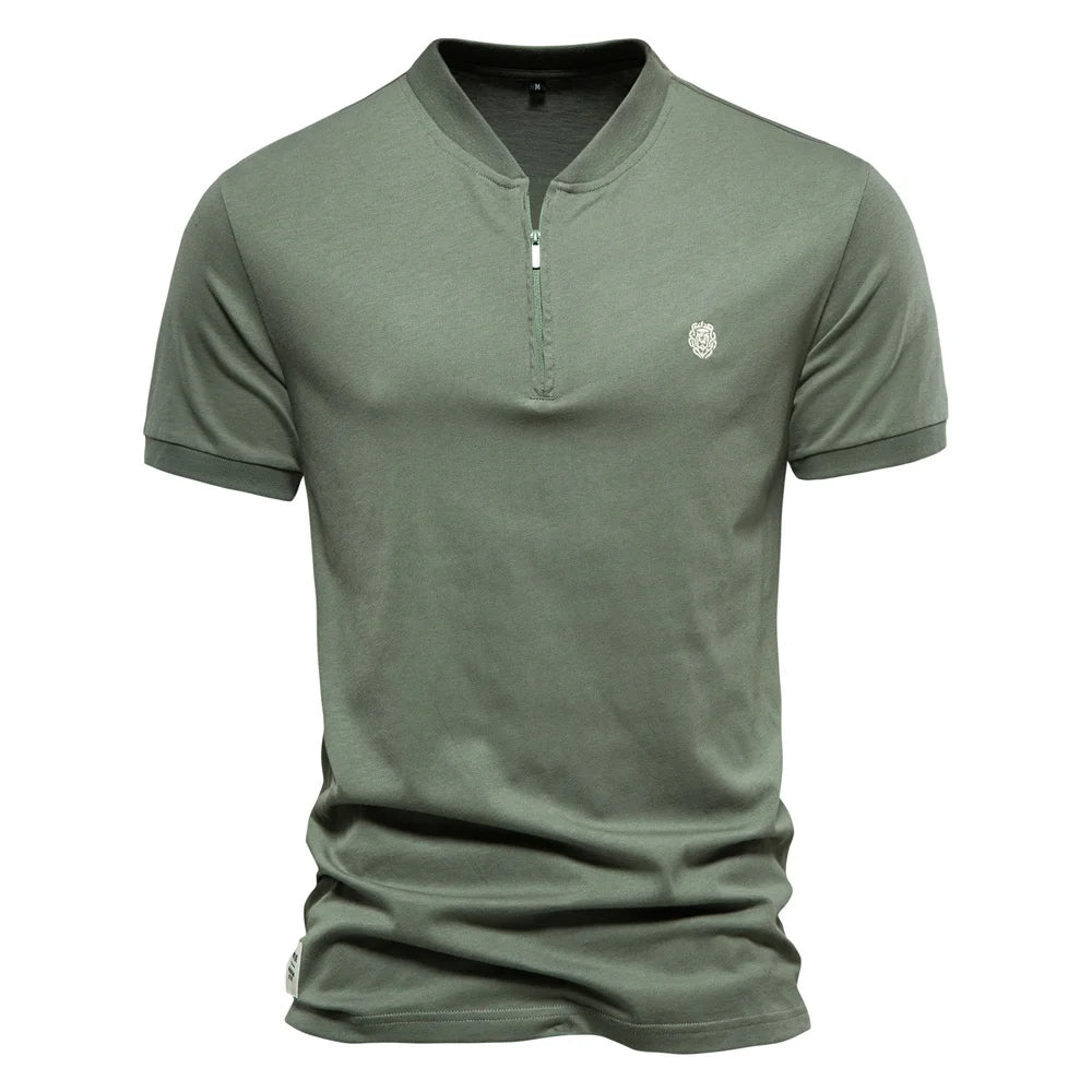 Cotton Men's T-shirt Solid Color Casual V-neck Zipper