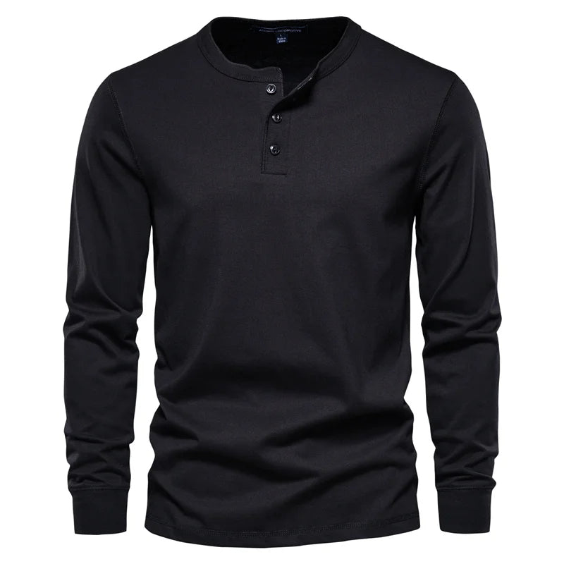 Henley Collar Autumn sweatshirt Men Casual Solid Color Long Sleeve