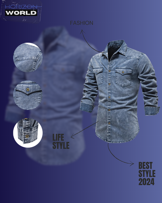 Cotton Men Denim Shirts Double Pocket