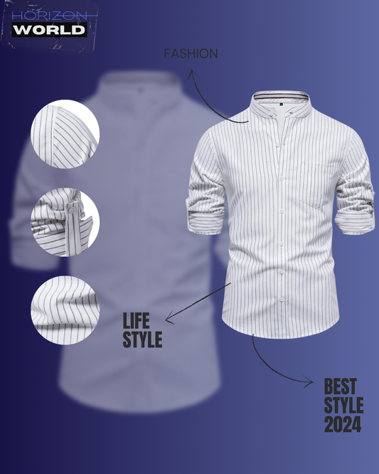 Striped Men's Shirts Single Pocket Stand Collar Long-sleeved Polo